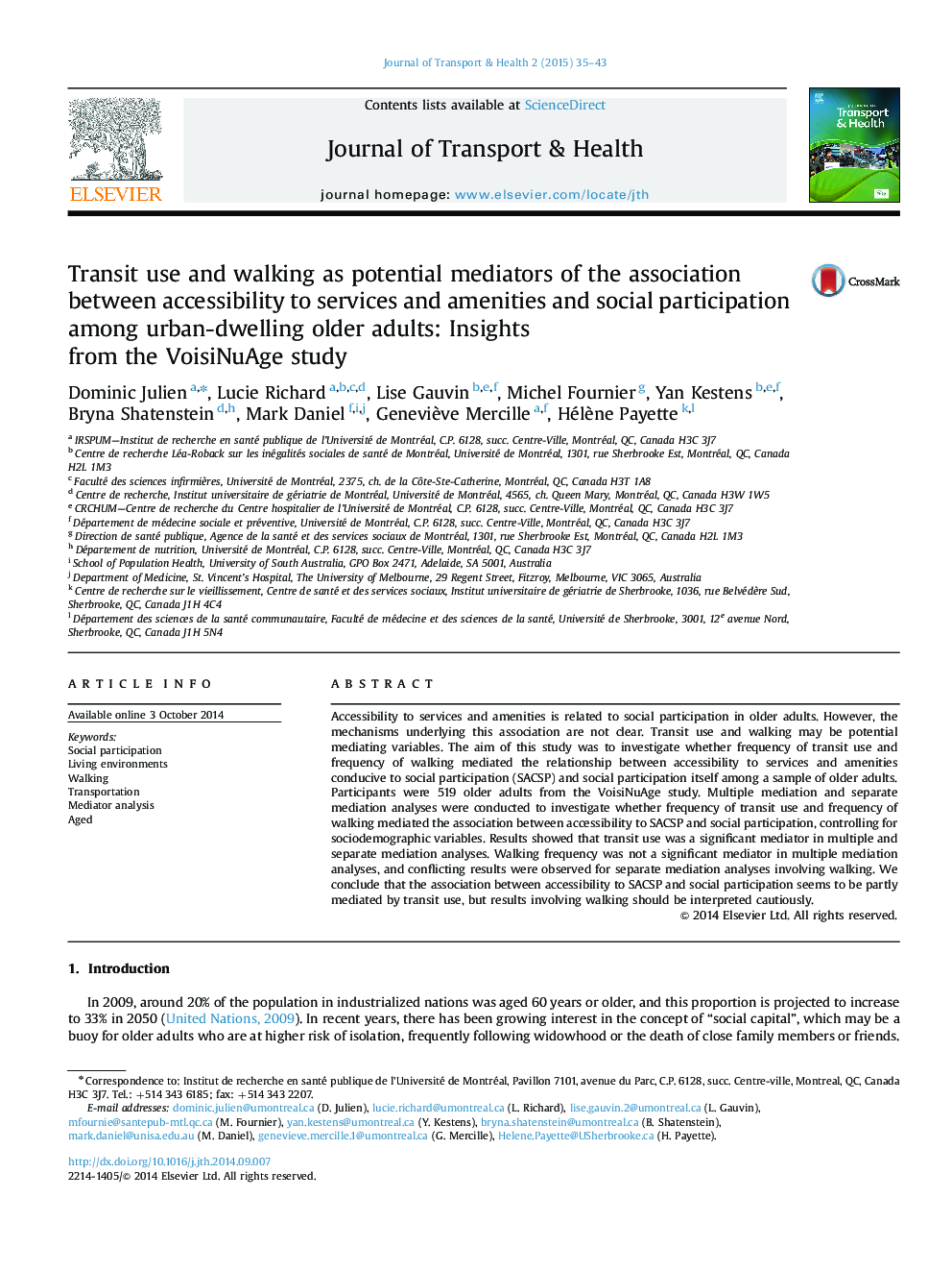 Transit use and walking as potential mediators of the association between accessibility to services and amenities and social participation among urban-dwelling older adults: Insights from the VoisiNuAge study