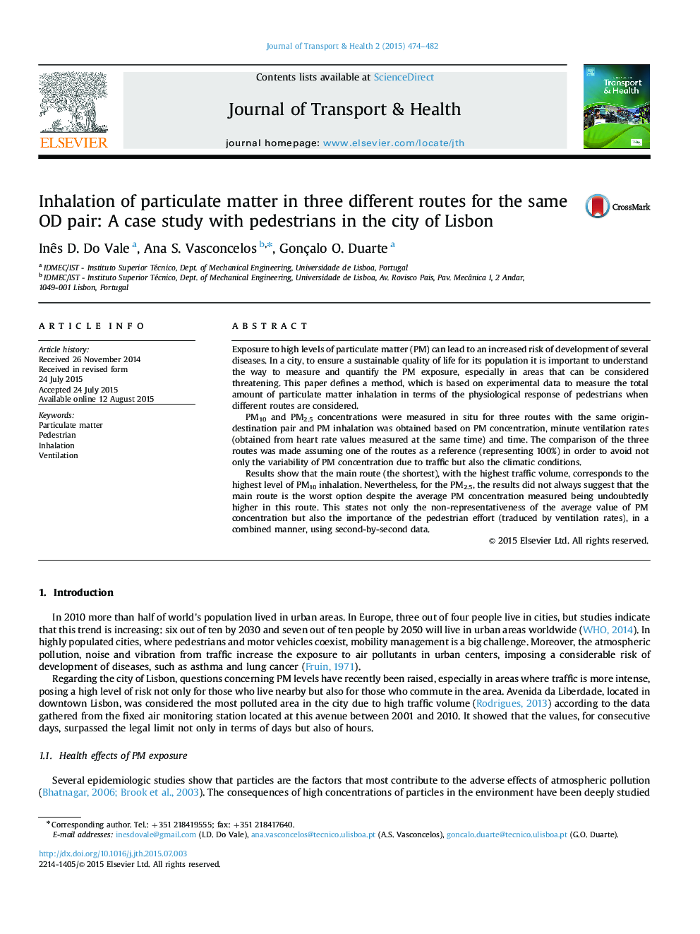 Inhalation of particulate matter in three different routes for the same OD pair: A case study with pedestrians in the city of Lisbon