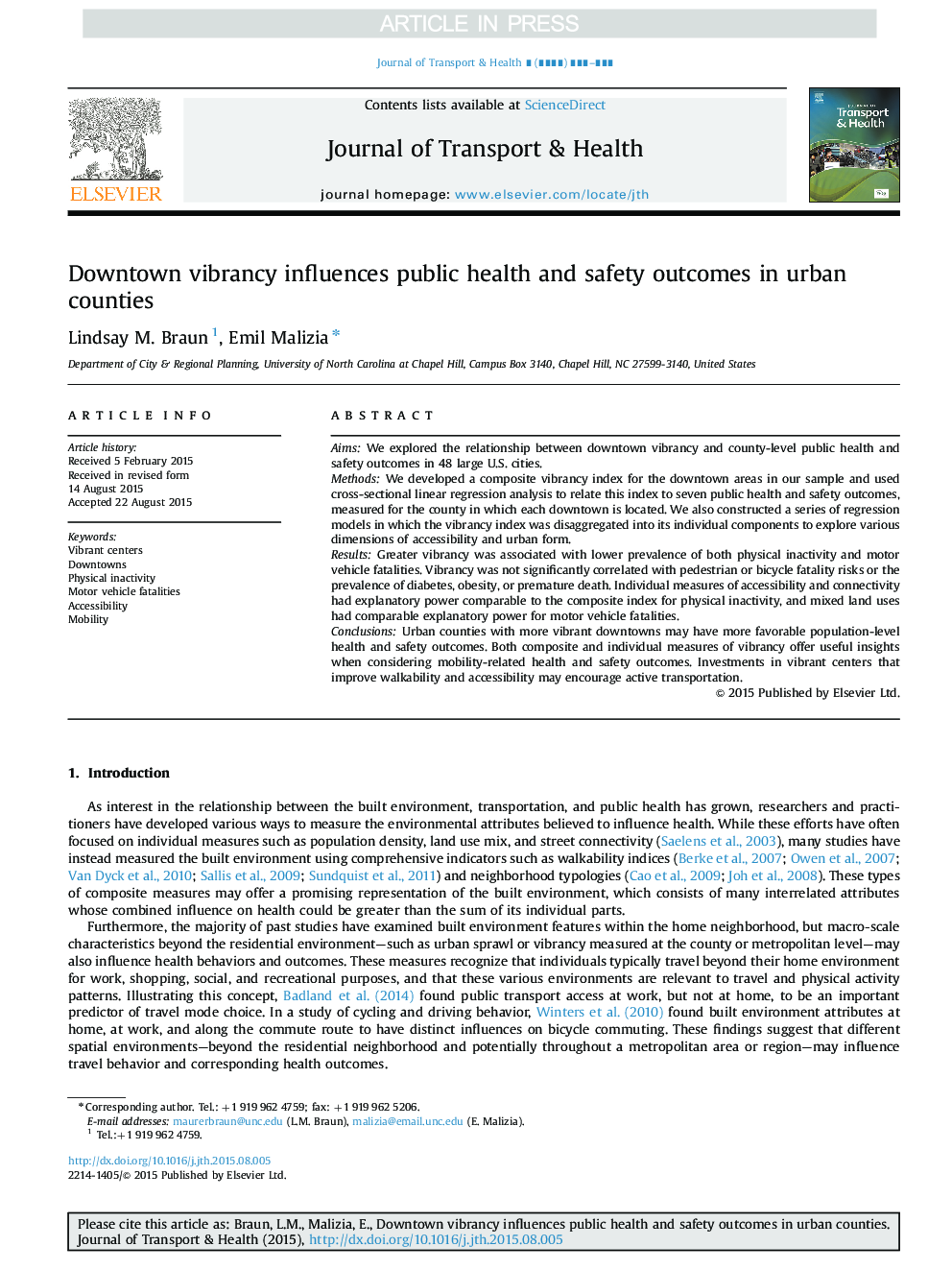 Downtown vibrancy influences public health and safety outcomes in urban counties