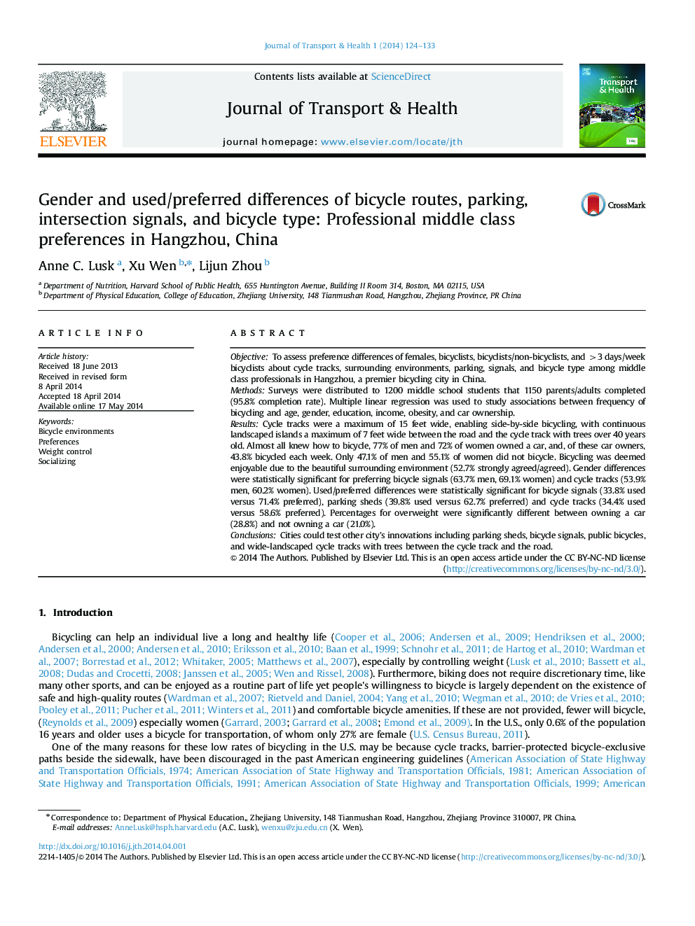 Gender and used/preferred differences of bicycle routes, parking, intersection signals, and bicycle type: Professional middle class preferences in Hangzhou, China