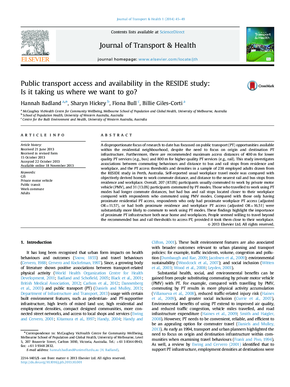 Public transport access and availability in the RESIDE study: Is it taking us where we want to go?