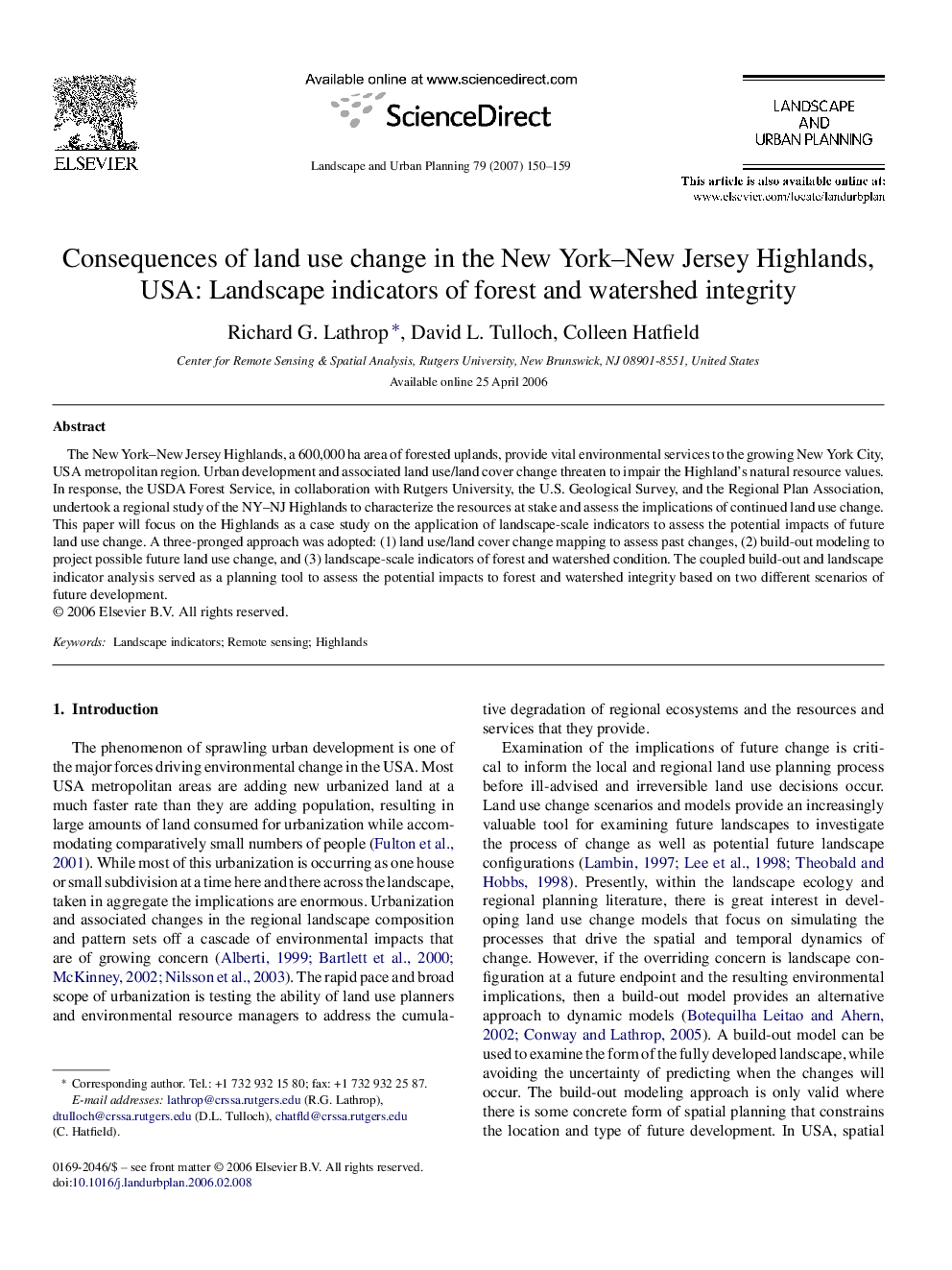 Consequences of land use change in the New York–New Jersey Highlands, USA: Landscape indicators of forest and watershed integrity