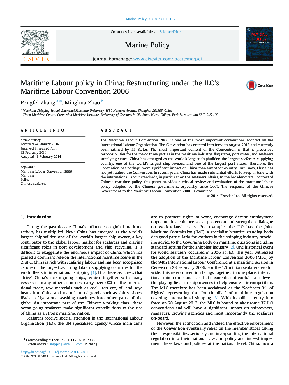 Maritime Labour policy in China: Restructuring under the ILO×³s Maritime Labour Convention 2006