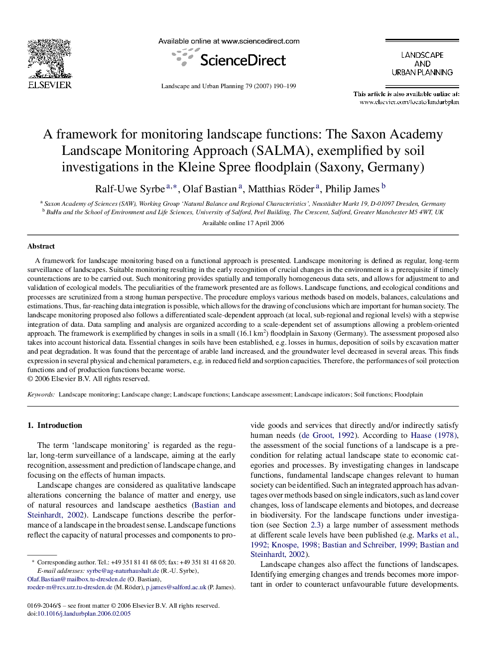 A framework for monitoring landscape functions: The Saxon Academy Landscape Monitoring Approach (SALMA), exemplified by soil investigations in the Kleine Spree floodplain (Saxony, Germany)