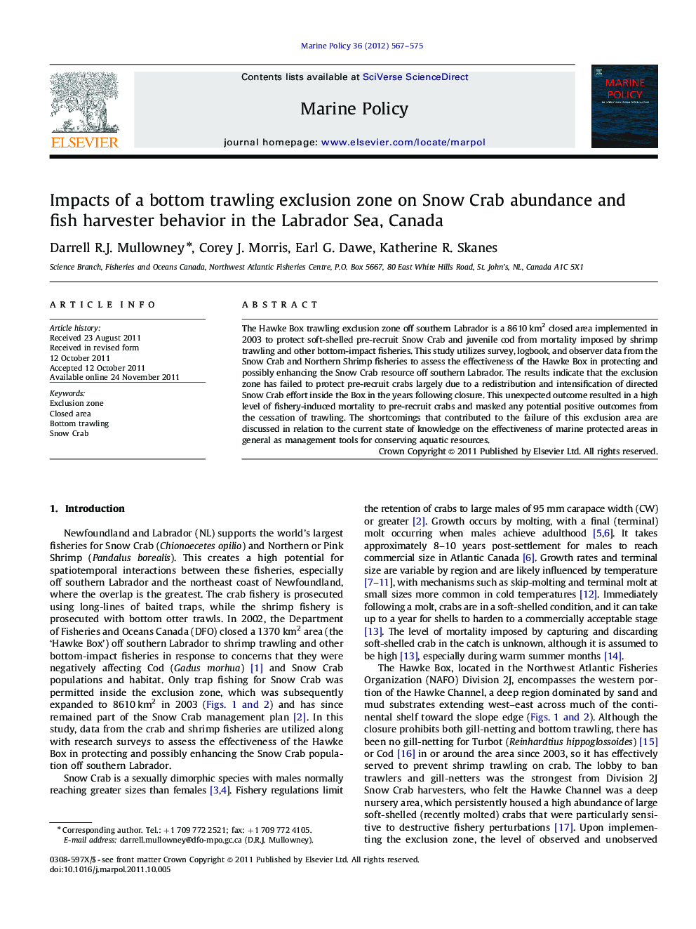 Impacts of a bottom trawling exclusion zone on Snow Crab abundance and fish harvester behavior in the Labrador Sea, Canada