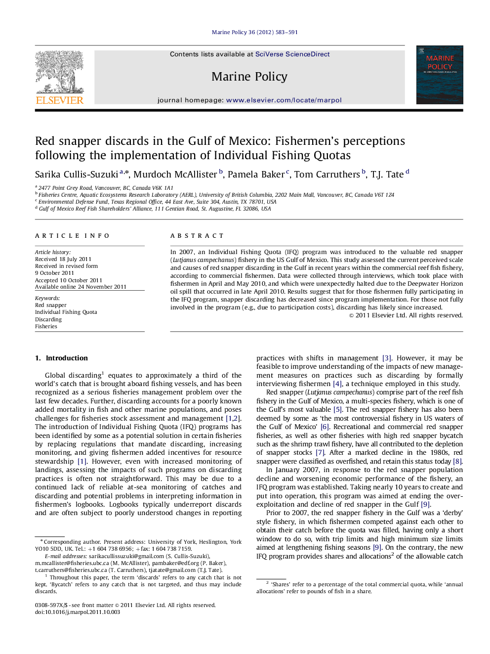 عکس صفحه اول مقاله: Red snapper discards in the Gulf of Mexico: Fishermen's perceptions following the implementation of Individual Fishing Quotas Red snapper discards in the Gulf of Mexico: Fishermen's perceptions following the implementation of Individual Fishing Quotas