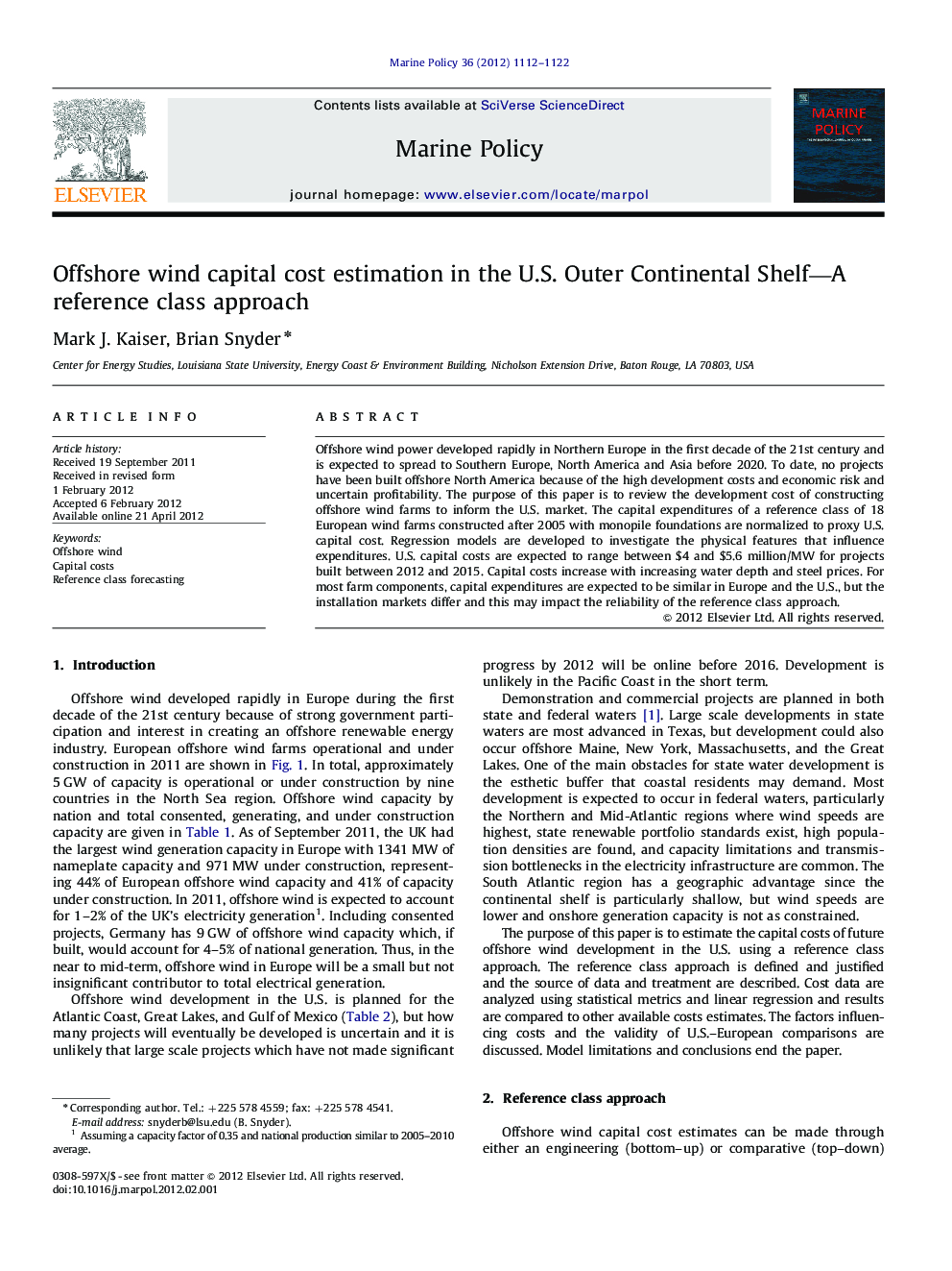 Offshore wind capital cost estimation in the U.S. Outer Continental Shelf-A reference class approach