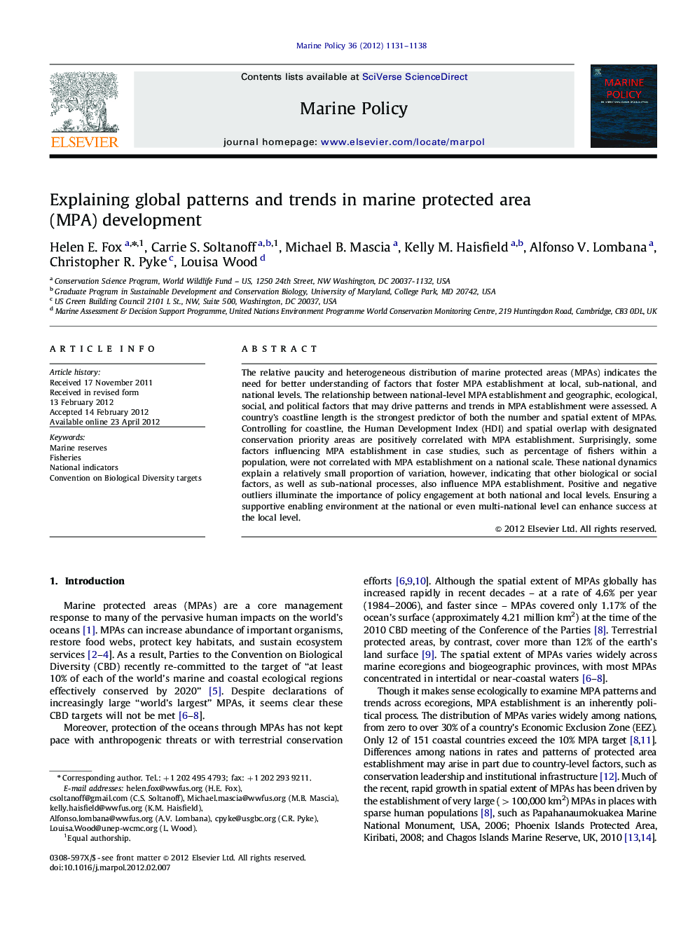 Explaining global patterns and trends in marine protected area (MPA) development