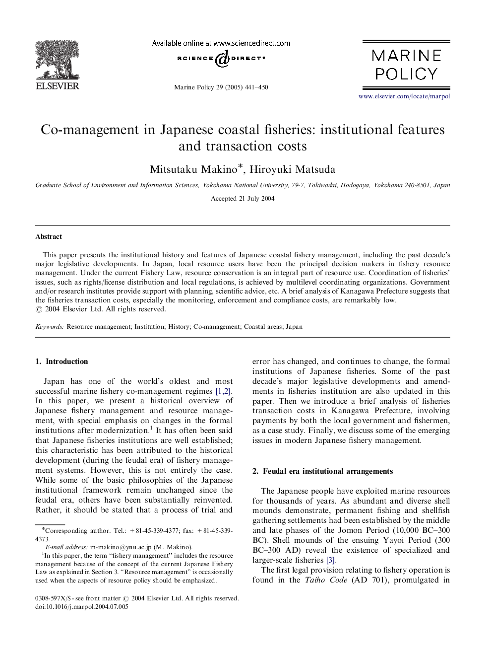 Co-management in Japanese coastal fisheries: institutional features and transaction costs