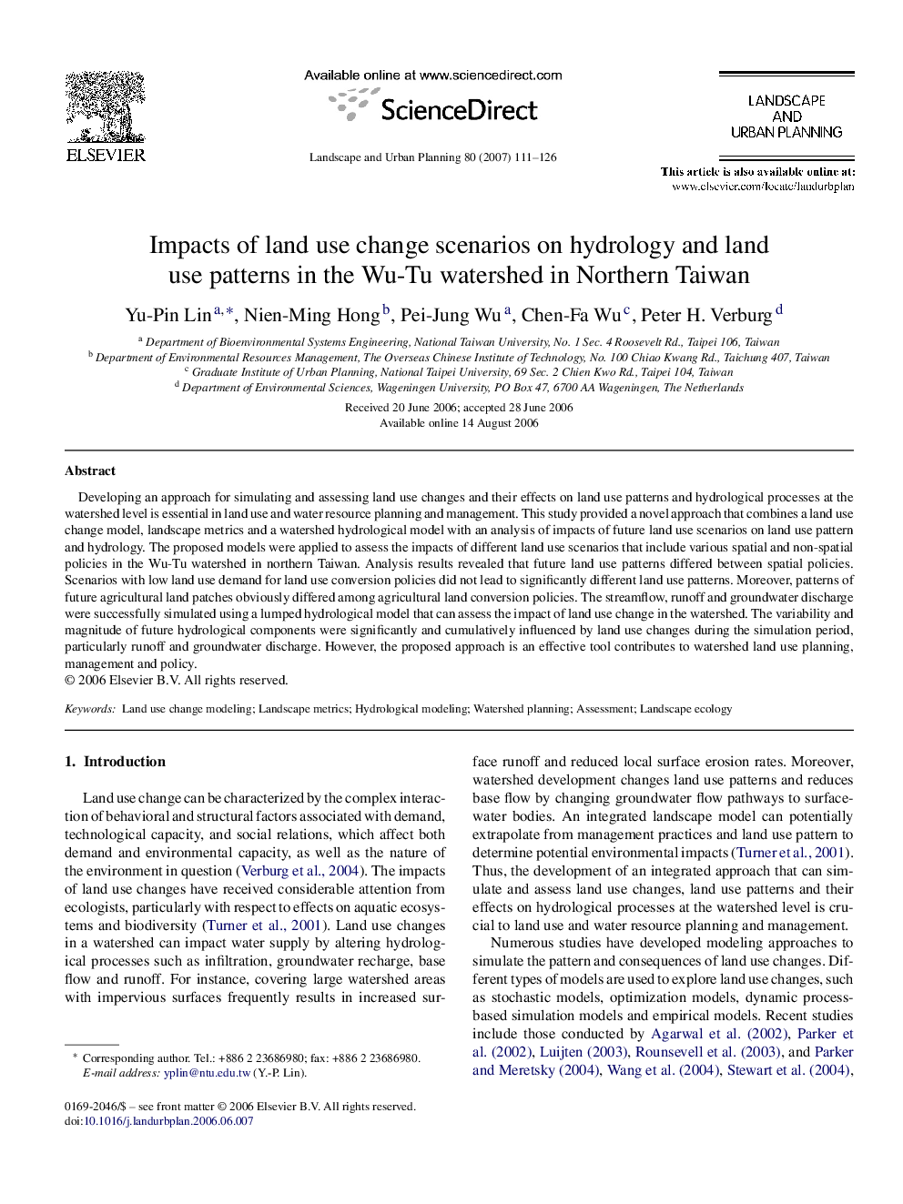 Impacts of land use change scenarios on hydrology and land use patterns in the Wu-Tu watershed in Northern Taiwan