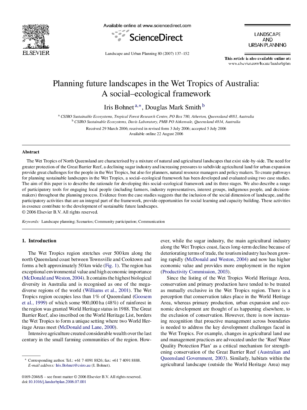 Planning future landscapes in the Wet Tropics of Australia: A social–ecological framework