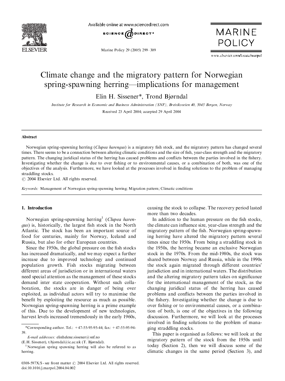 Climate change and the migratory pattern for Norwegian spring-spawning herring-implications for management