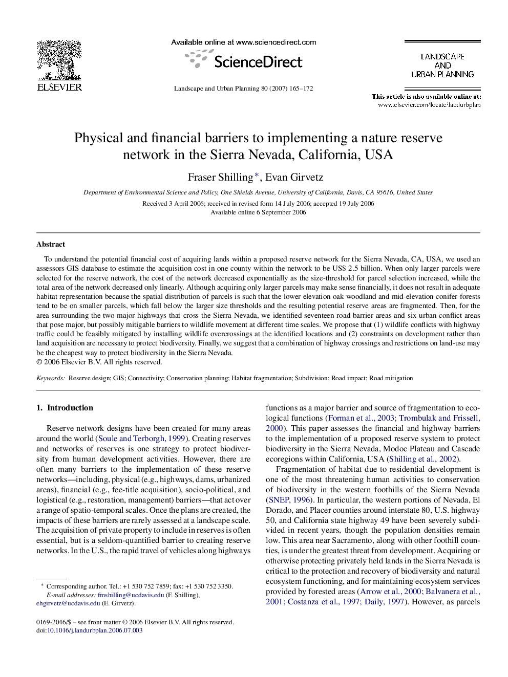 Physical and financial barriers to implementing a nature reserve network in the Sierra Nevada, California, USA