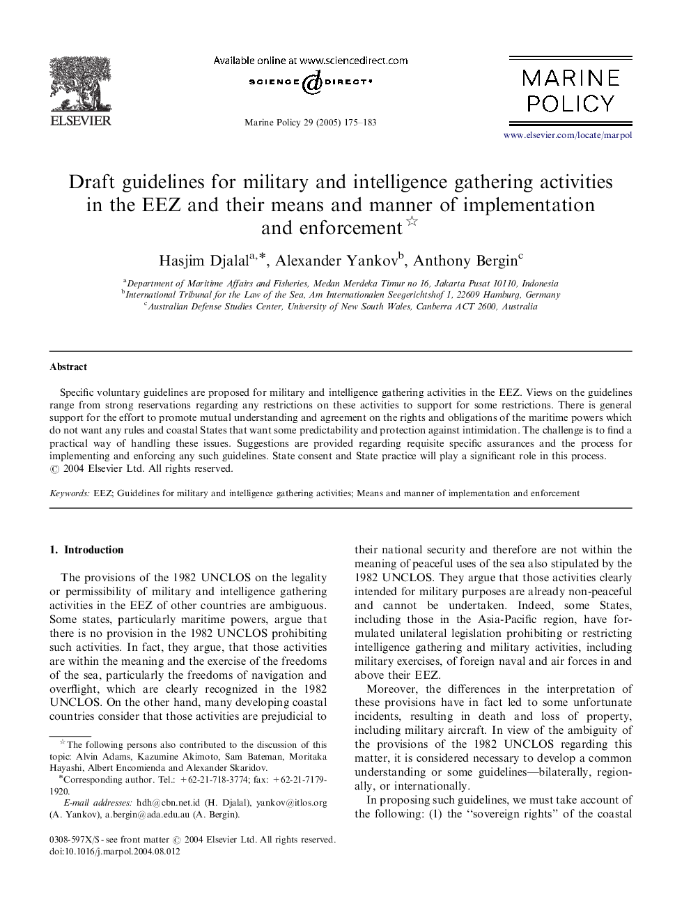 عکس صفحه اول مقاله: Draft guidelines for military and intelligence gathering activities in the EEZ and their means and manner of implementation and enforcement Draft guidelines for military and intelligence gathering activities in the EEZ and their means and manner of implementation and enforcement