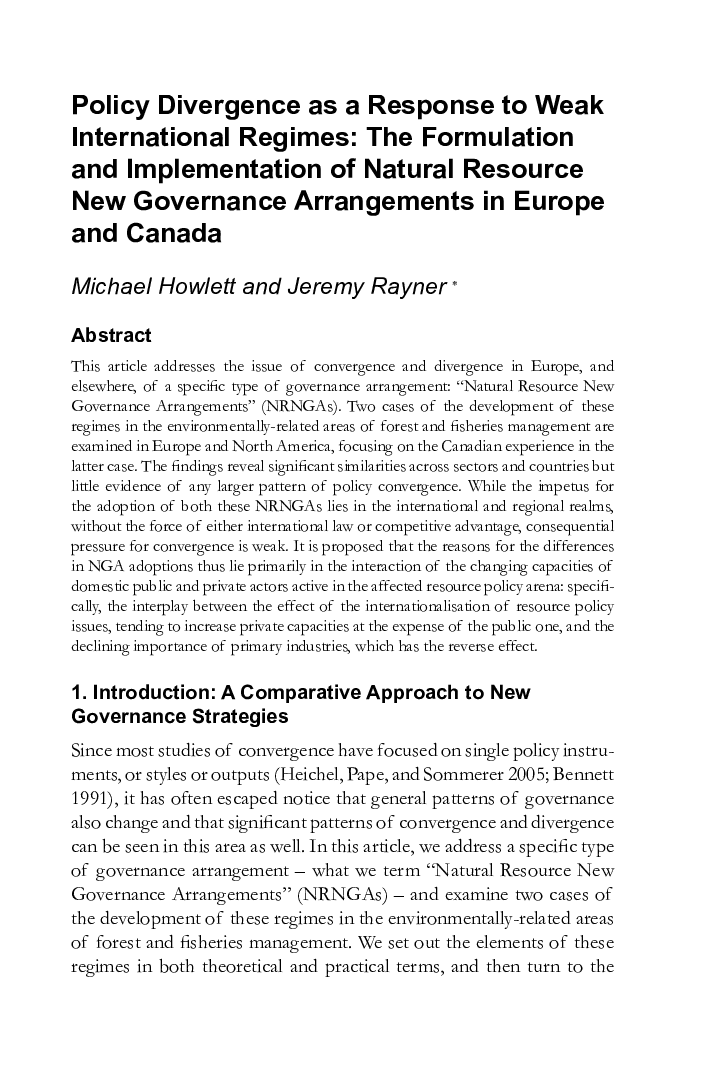 Policy Divergence as a Response to Weak International Regimes: The Formulation and Implementation of Natural Resource New Governance Arrangements in Europe and Canada