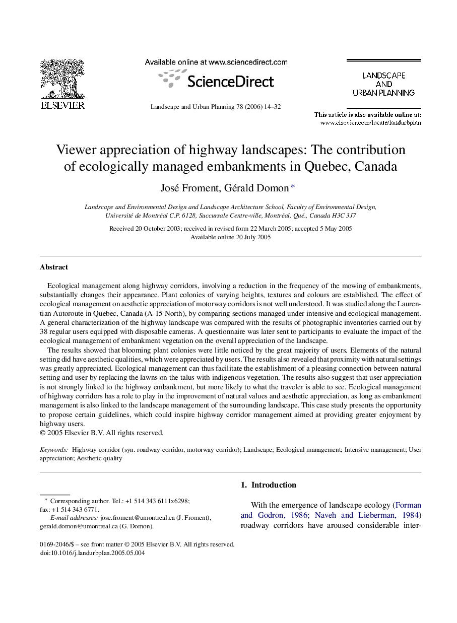Viewer appreciation of highway landscapes: The contribution of ecologically managed embankments in Quebec, Canada