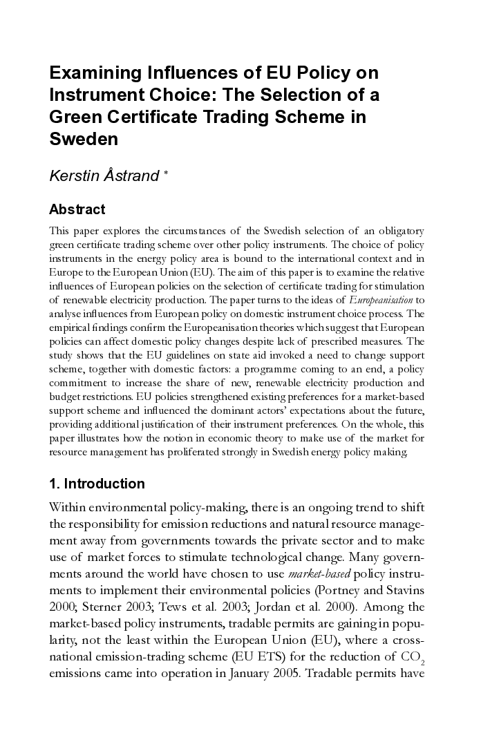 Examining Influences of EU Policy on Instrument Choice: The Selection of a Green Certificate Trading Scheme in Sweden