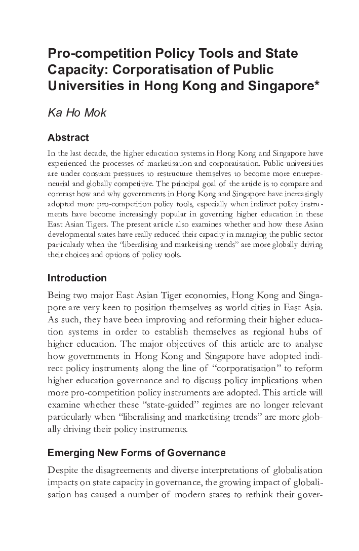 Pro-competition Policy Tools and State Capacity: Corporatisation of Public Universities in Hong Kong and Singapore