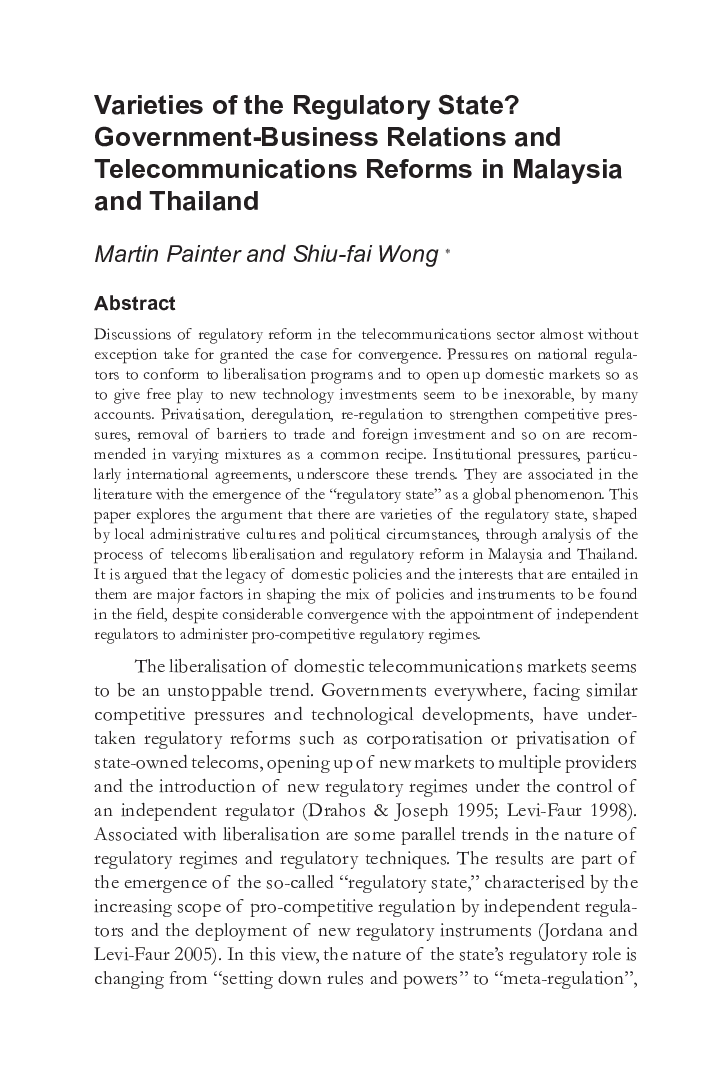 Varieties of the Regulatory State? Government-Business Relations and Telecommunications Reforms in Malaysia and Thailand