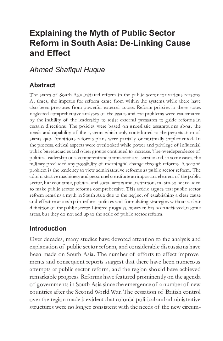 Explaining the Myth of Public Sector Reform in South Asia: De-Linking Cause and Effect