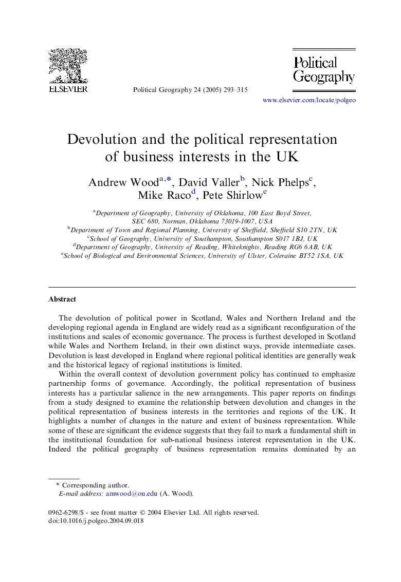 Devolution and the political representation of business interests in the UK