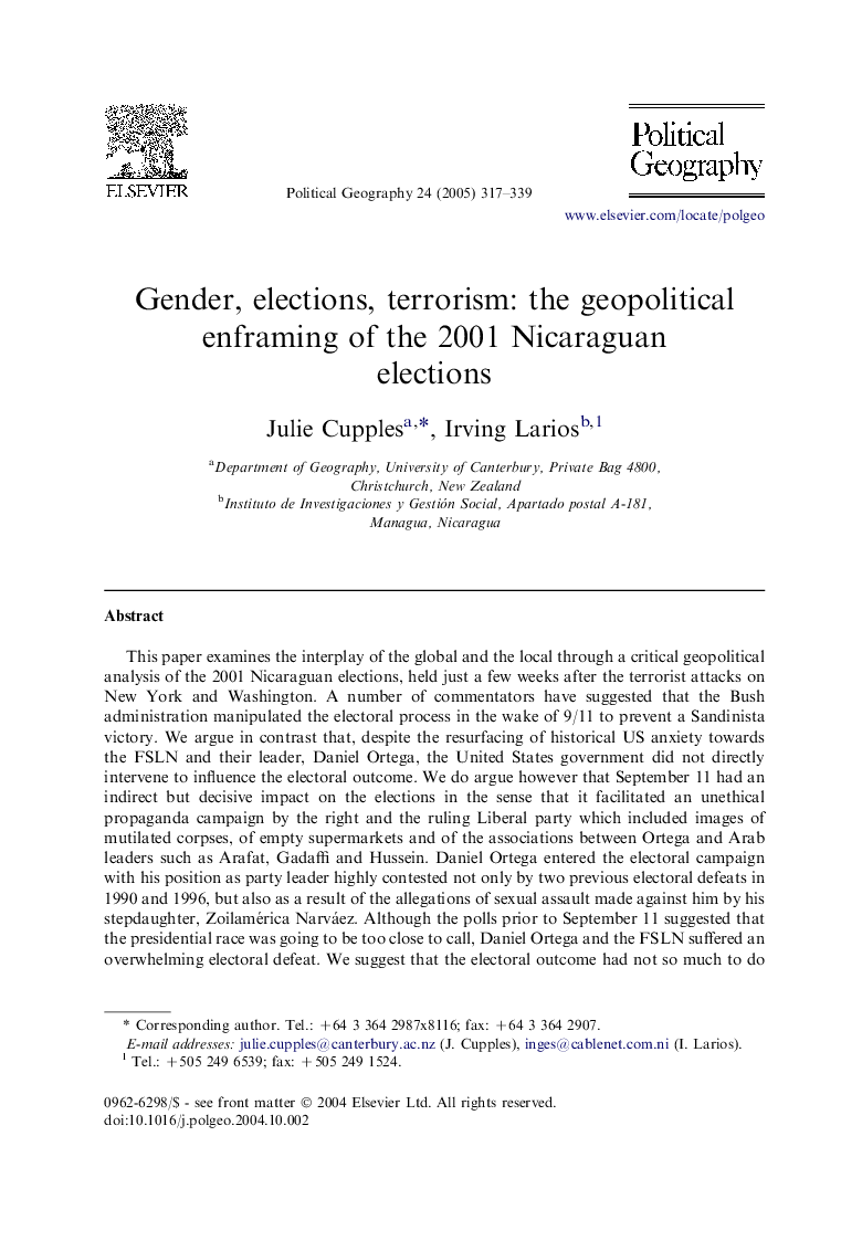 Gender, elections, terrorism: the geopolitical enframing of the 2001 Nicaraguan elections