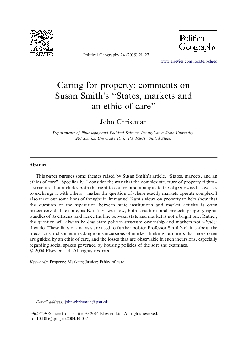 Caring for property: comments on Susan Smith's “States, markets and an ethic of care”