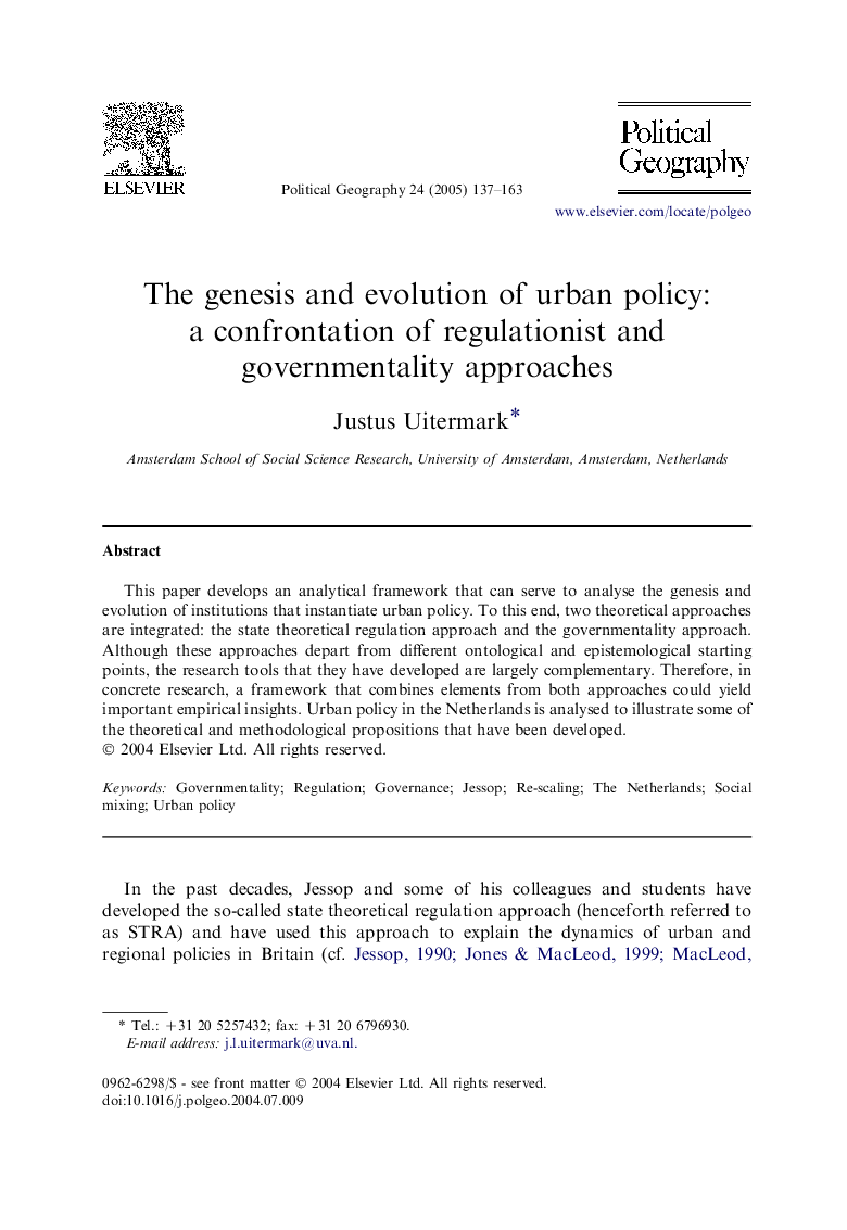 The genesis and evolution of urban policy: a confrontation of regulationist and governmentality approaches