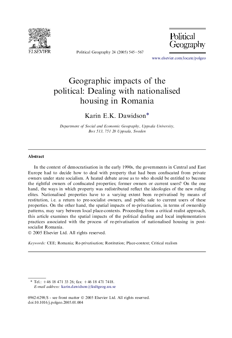 Geographic impacts of the political: Dealing with nationalised housing in Romania