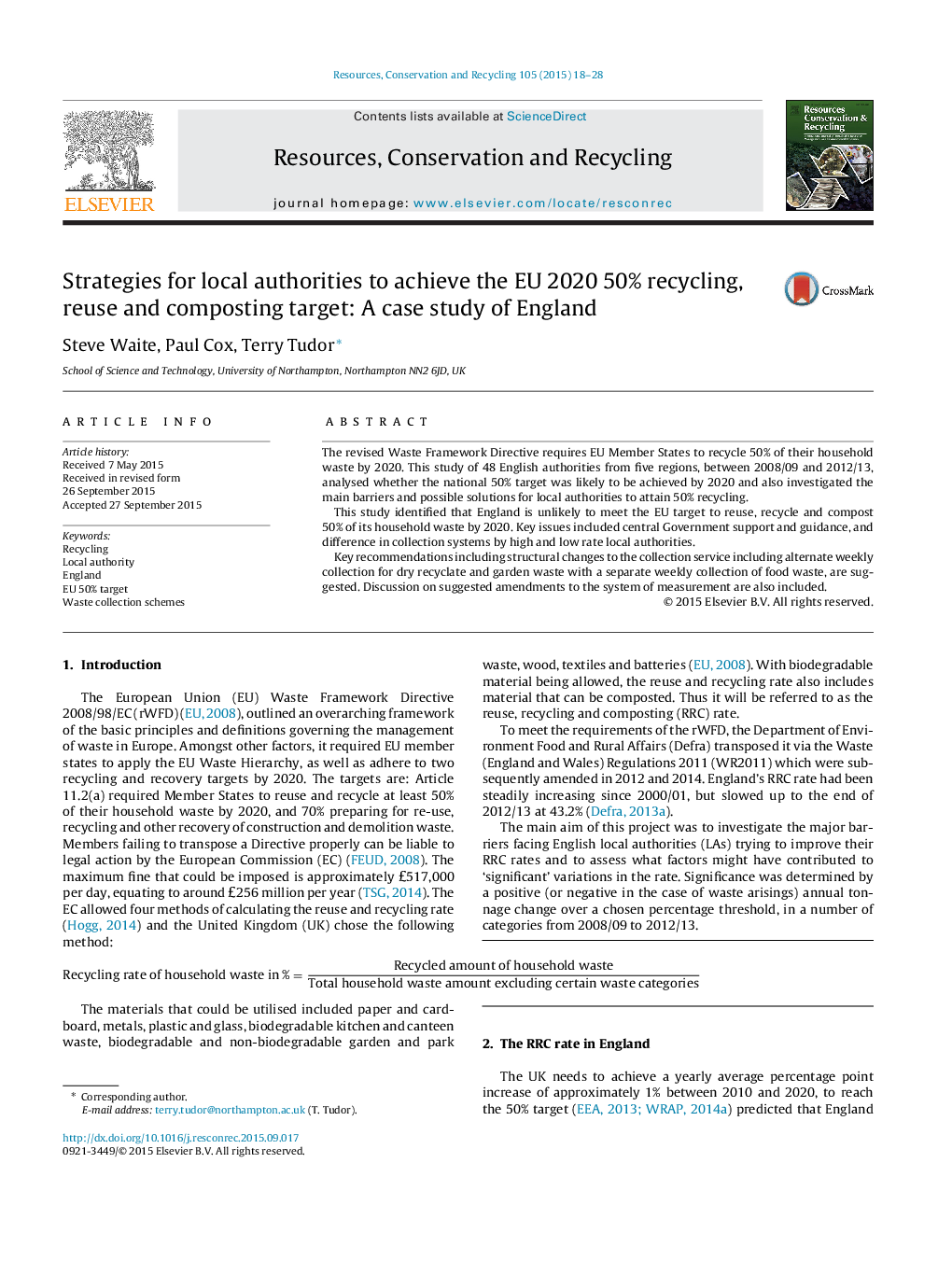 Strategies for local authorities to achieve the EU 2020 50% recycling, reuse and composting target: A case study of England