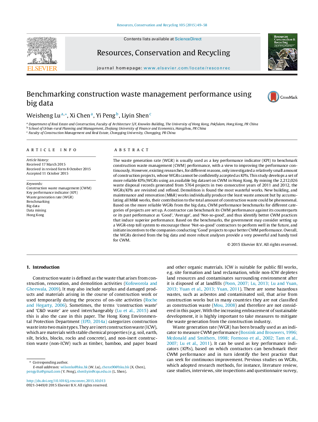 Benchmarking construction waste management performance using big data