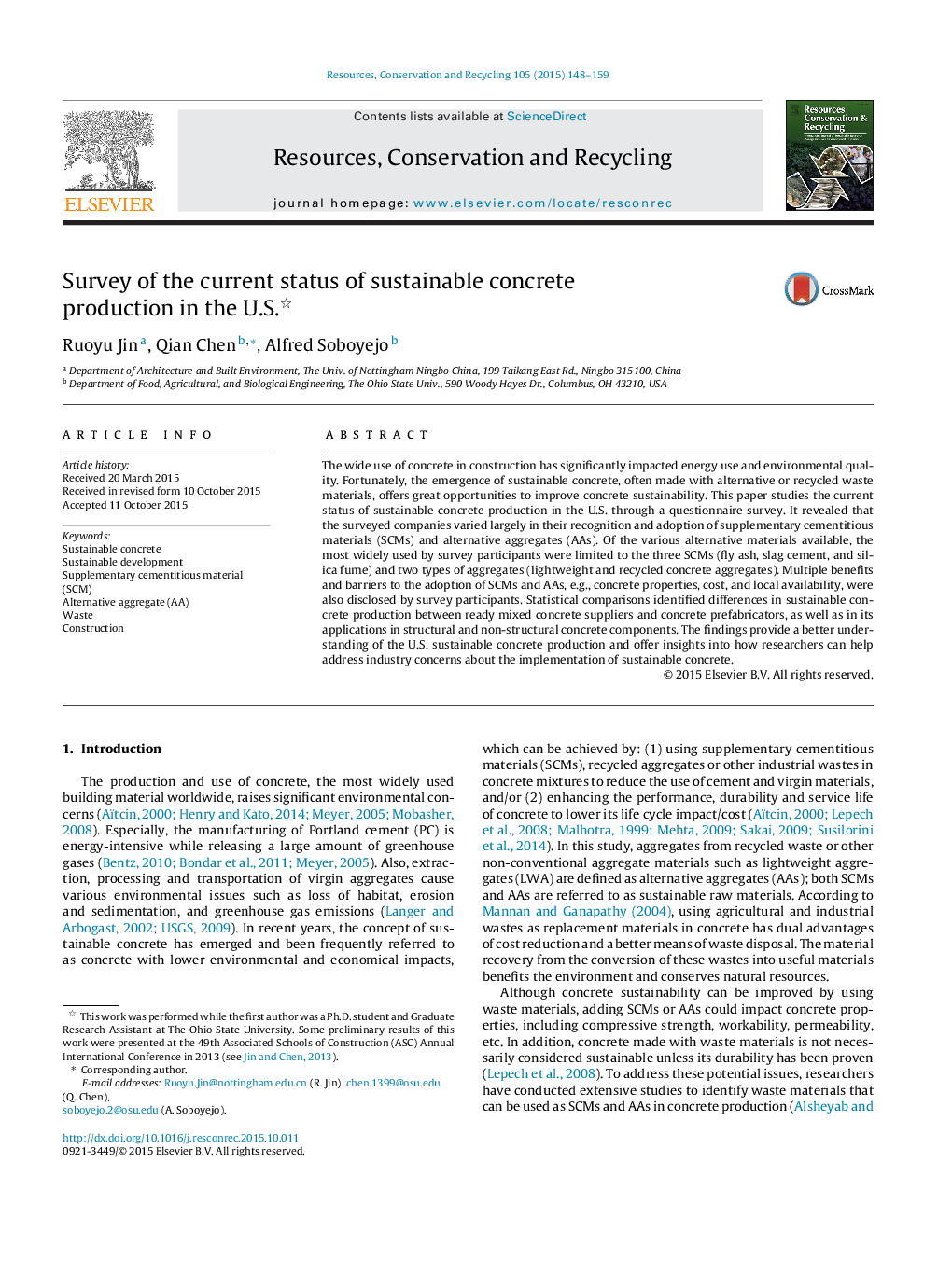 Survey of the current status of sustainable concrete production in the U.S.