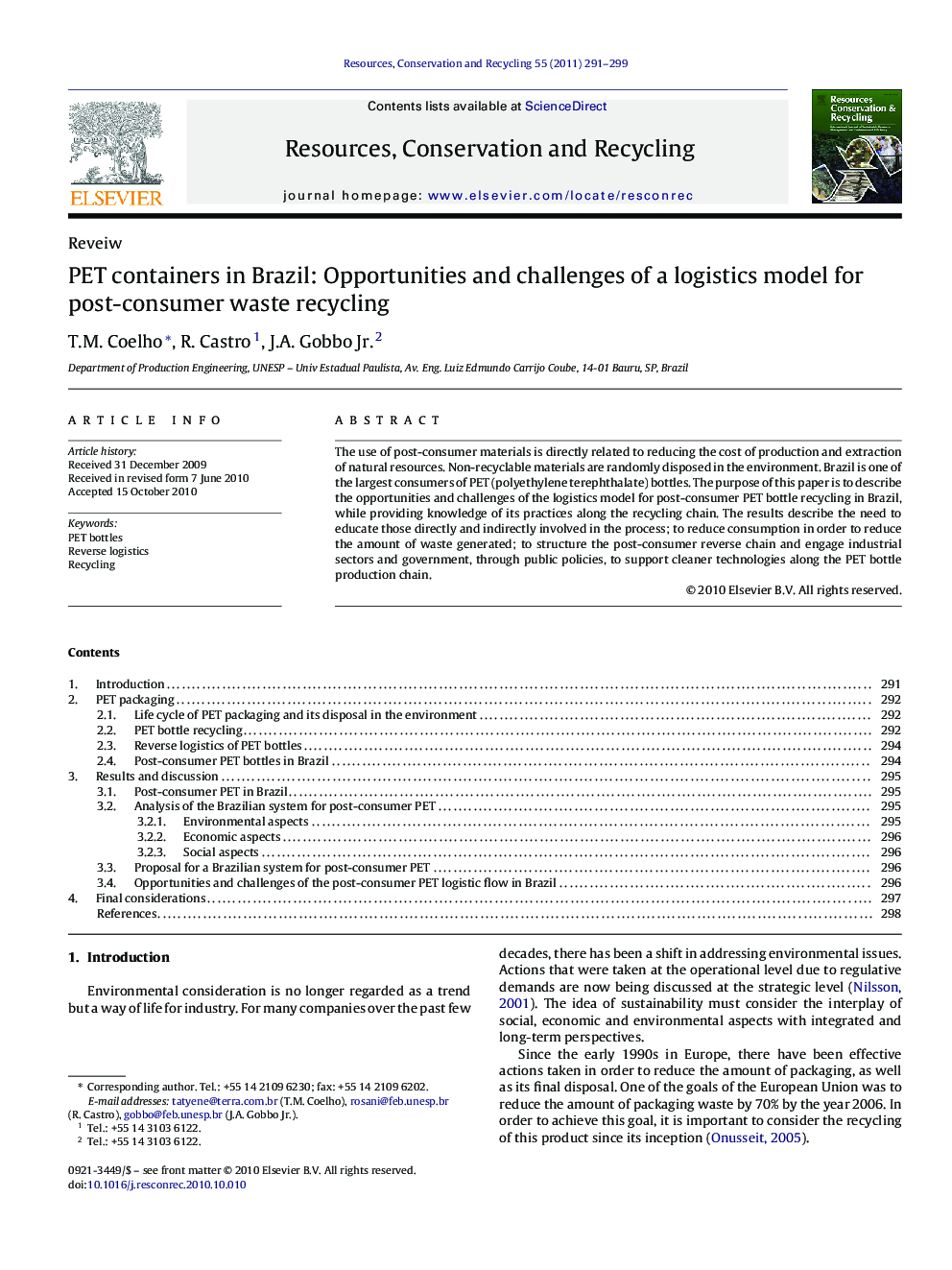 PET containers in Brazil: Opportunities and challenges of a logistics model for post-consumer waste recycling