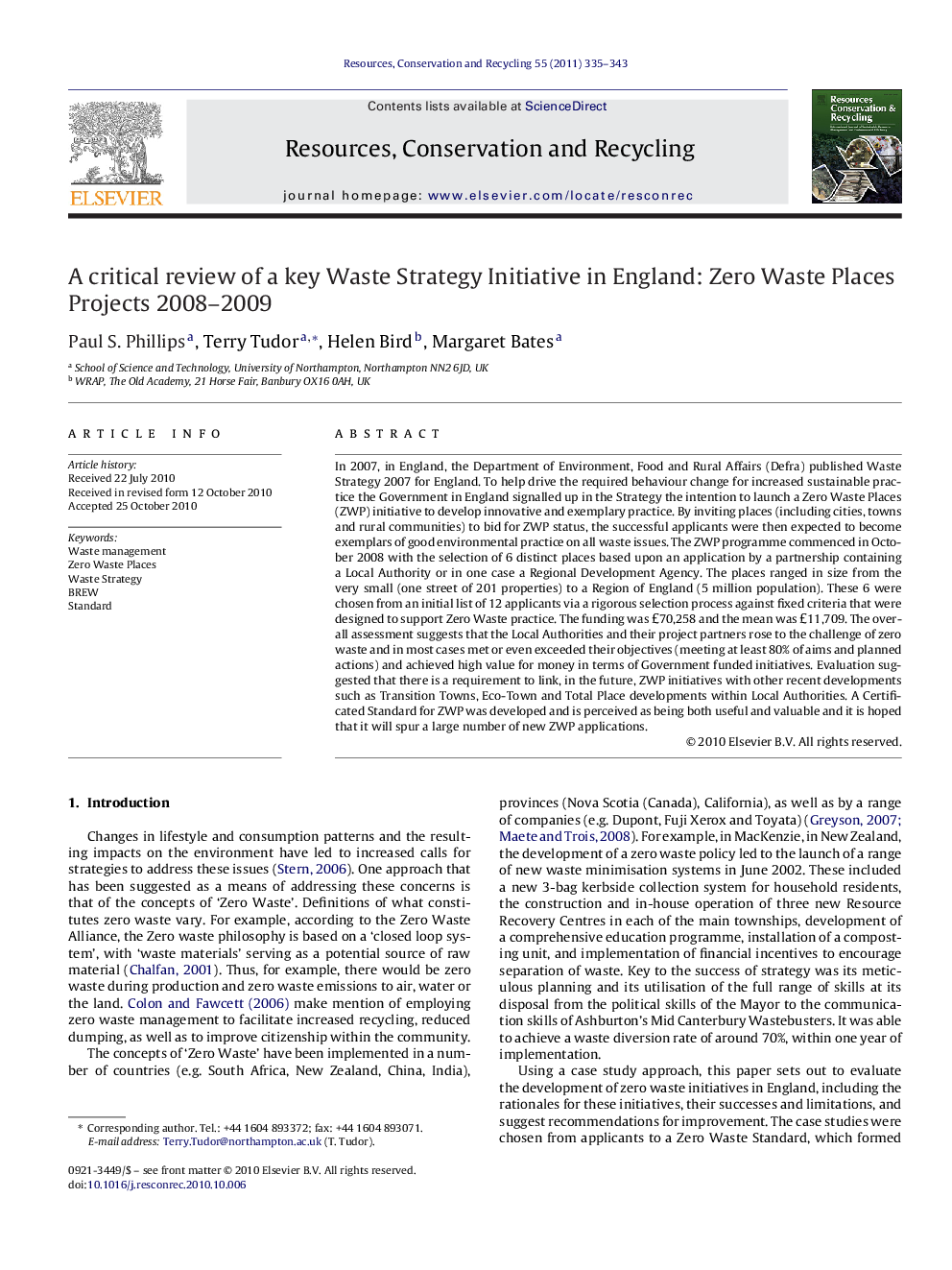 A critical review of a key Waste Strategy Initiative in England: Zero Waste Places Projects 2008-2009