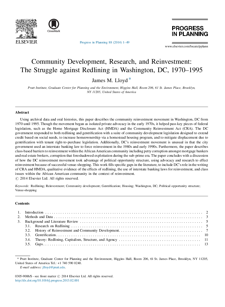 Community Development, Research, and Reinvestment: The Struggle against Redlining in Washington, DC, 1970–1995