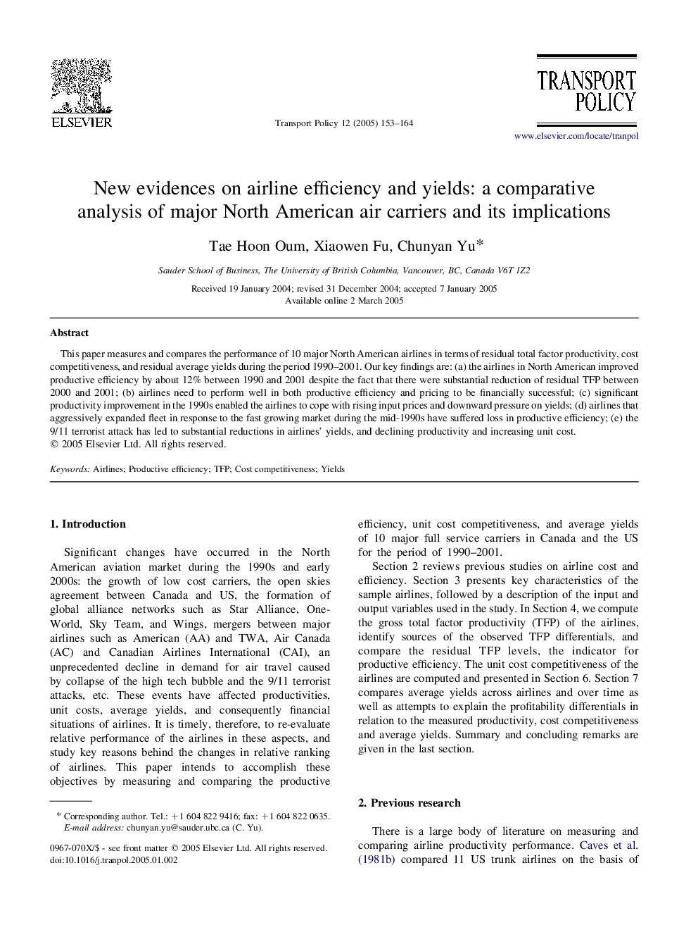 New evidences on airline efficiency and yields: a comparative analysis of major North American air carriers and its implications