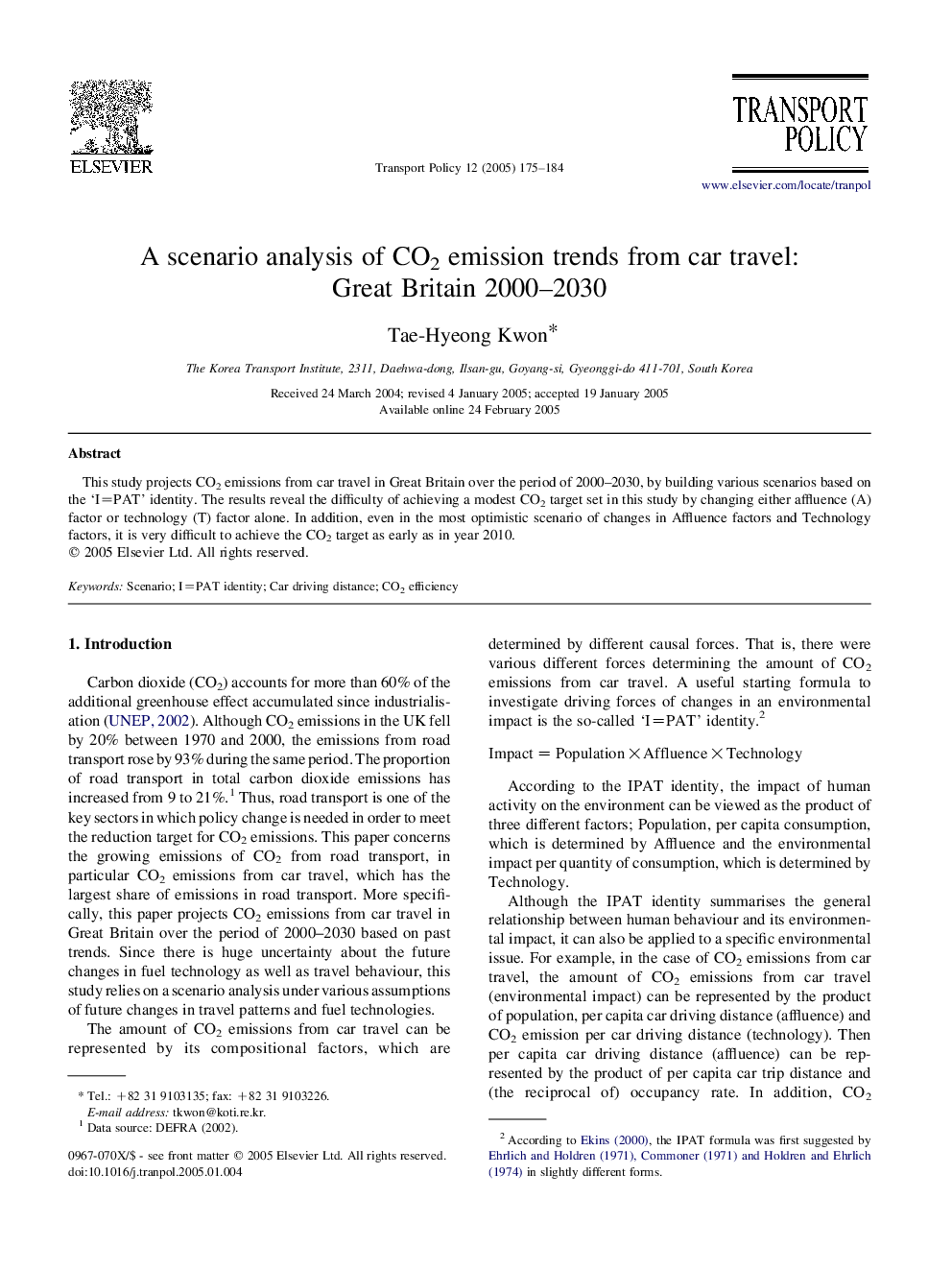 A scenario analysis of CO2 emission trends from car travel: Great Britain 2000-2030