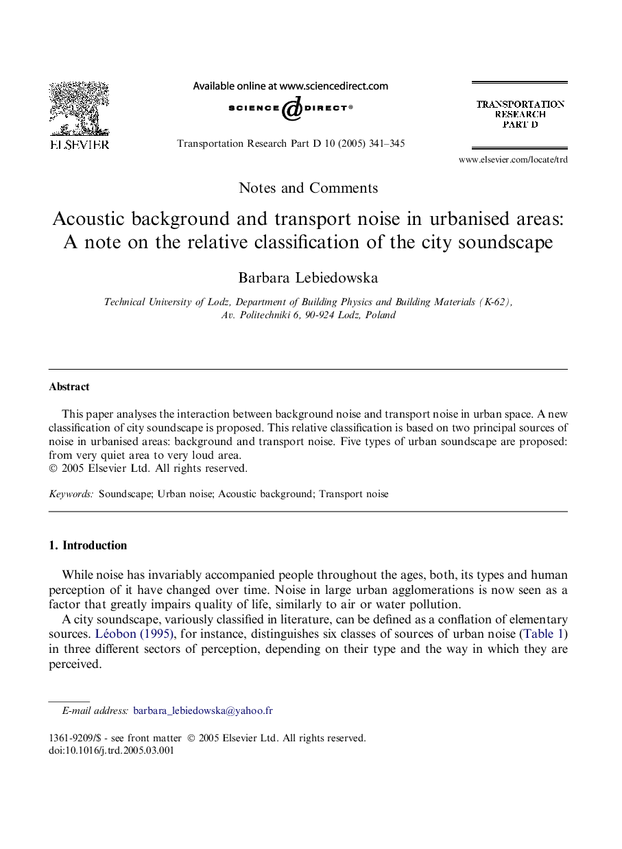 Acoustic background and transport noise in urbanised areas: A note on the relative classification of the city soundscape