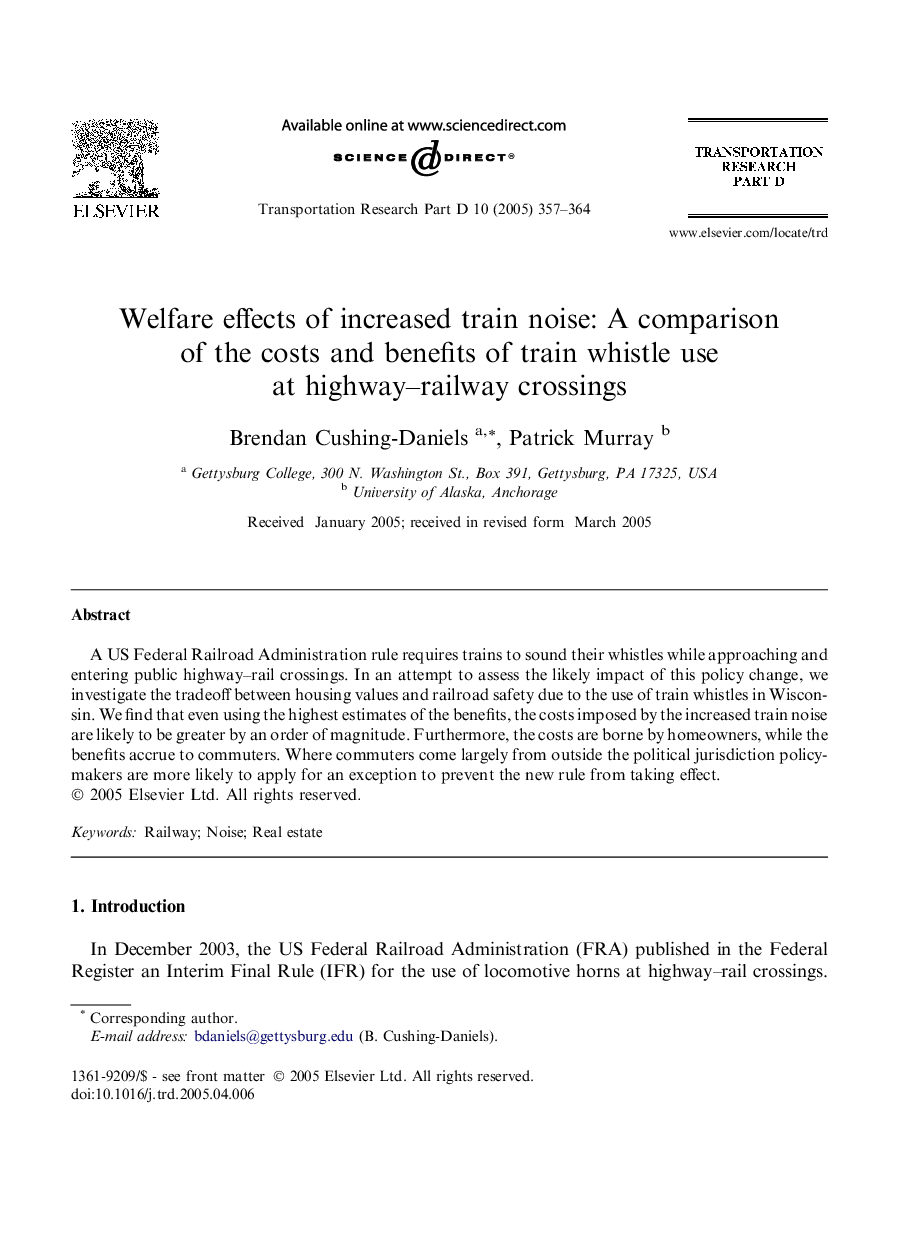 Welfare effects of increased train noise: A comparison of the costs and benefits of train whistle use at highway-railway crossings