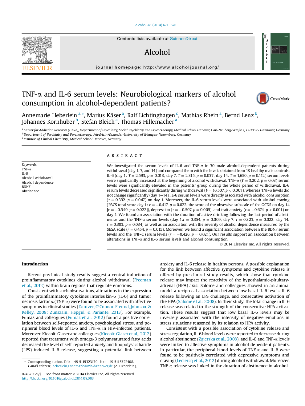 TNF-Î± and IL-6 serum levels: Neurobiological markers of alcohol consumption in alcohol-dependent patients?