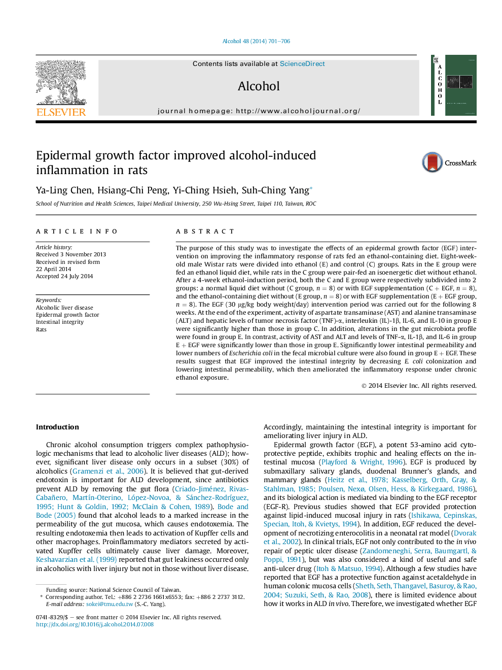 Epidermal growth factor improved alcohol-induced inflammation in rats