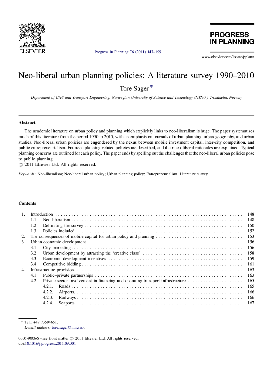 Neo-liberal urban planning policies: A literature survey 1990–2010