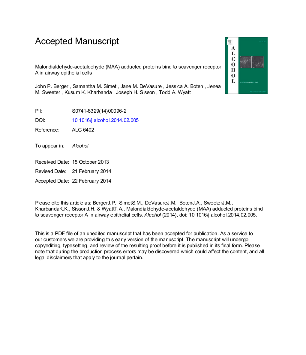 Malondialdehyde-acetaldehyde (MAA) adducted proteins bind to scavenger receptor A in airway epithelial cells