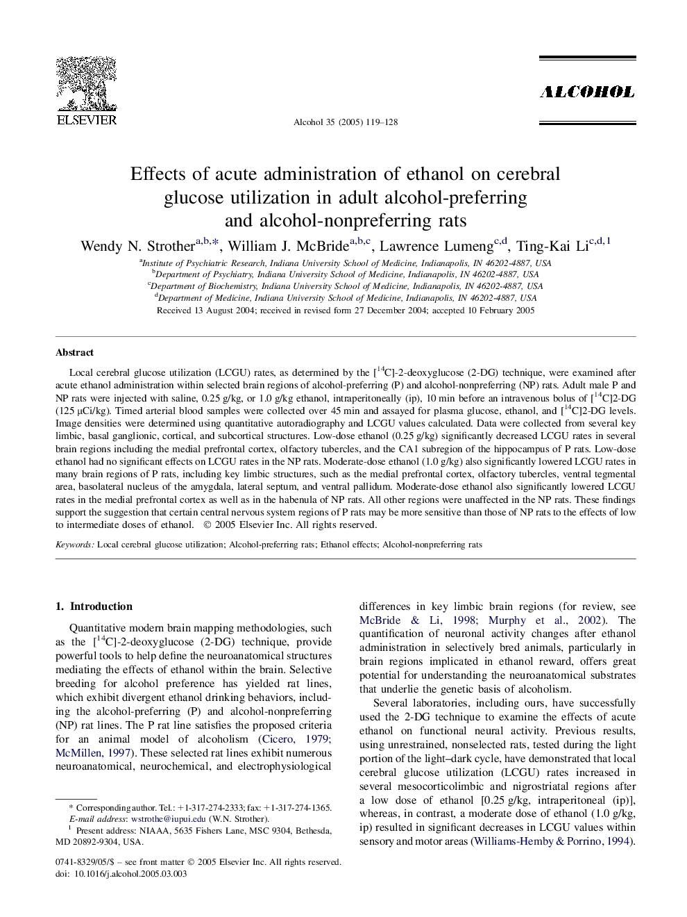 Effects of acute administration of ethanol on cerebral glucose utilization in adult alcohol-preferring and alcohol-nonpreferring rats