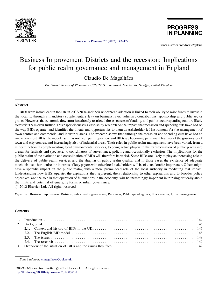 Business Improvement Districts and the recession: Implications for public realm governance and management in England