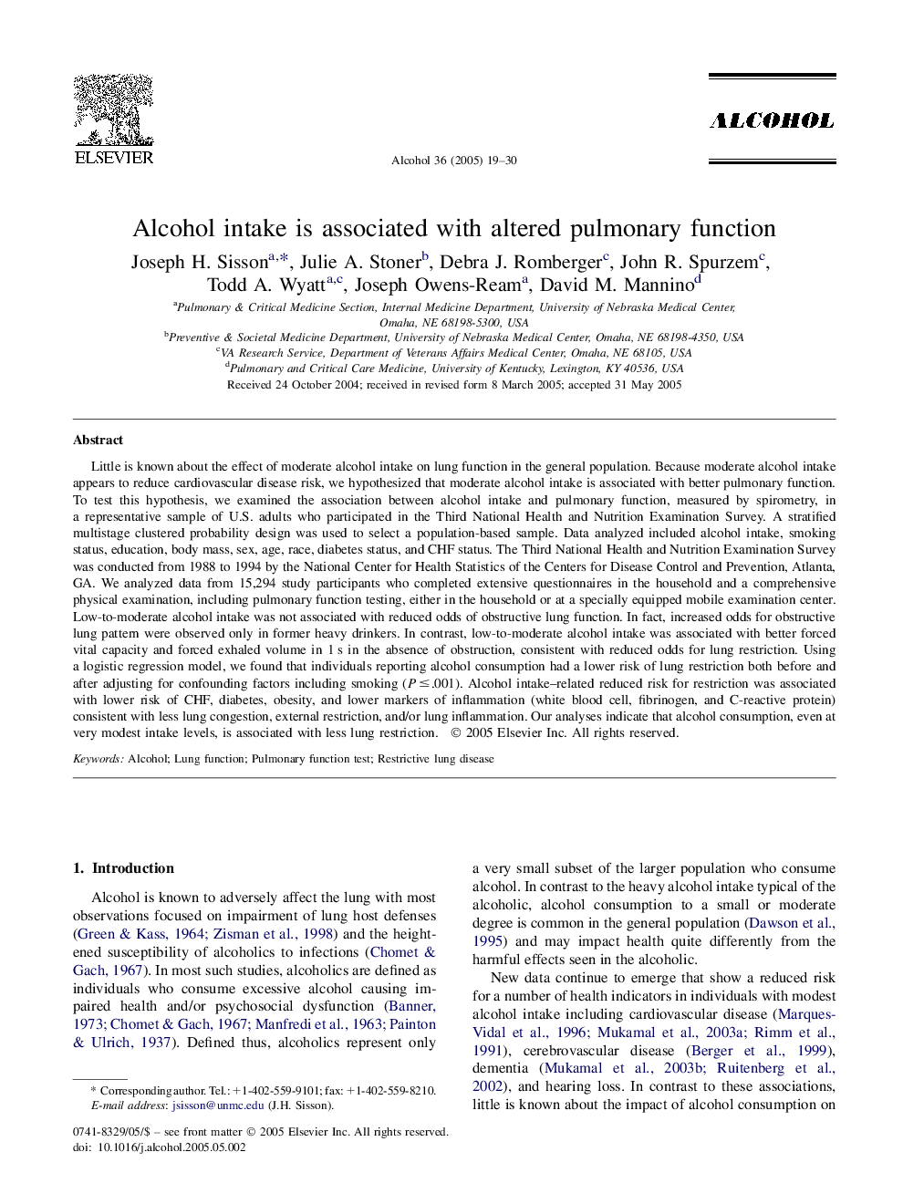 Alcohol intake is associated with altered pulmonary function