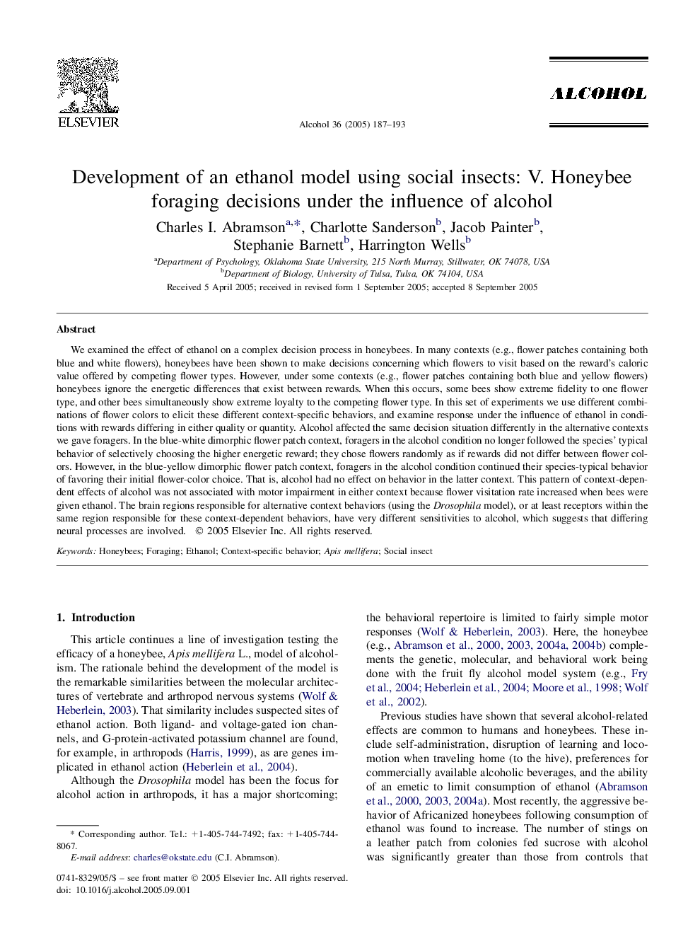 Development of an ethanol model using social insects: V. Honeybee foraging decisions under the influence of alcohol