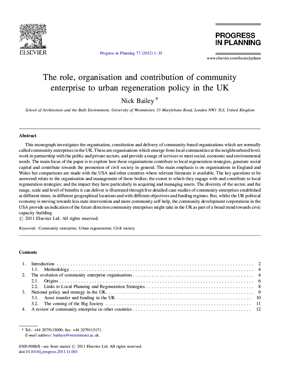 The role, organisation and contribution of community enterprise to urban regeneration policy in the UK