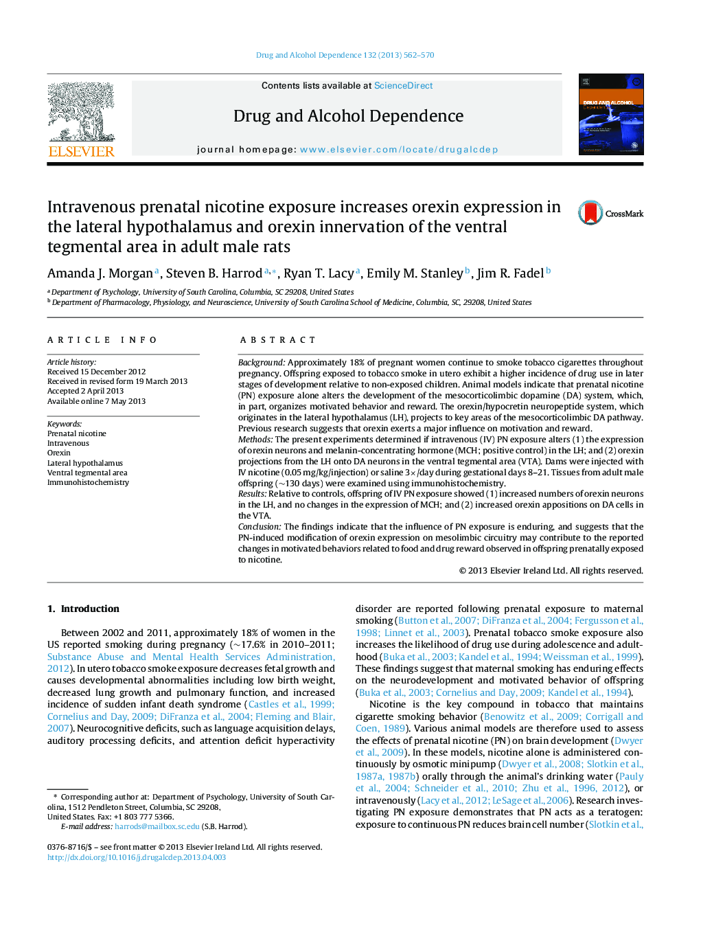 Intravenous prenatal nicotine exposure increases orexin expression in the lateral hypothalamus and orexin innervation of the ventral tegmental area in adult male rats