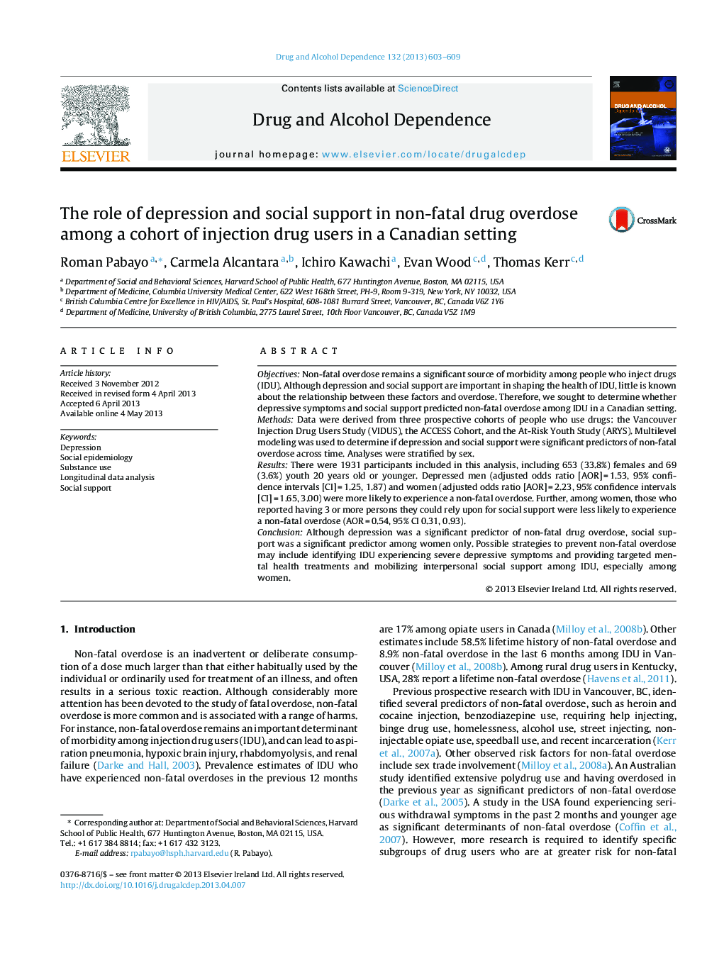 The role of depression and social support in non-fatal drug overdose among a cohort of injection drug users in a Canadian setting